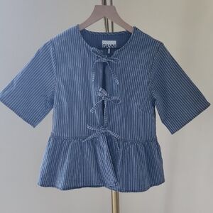 Ganni Light Stripe Denim Peplum Blouse Size 36